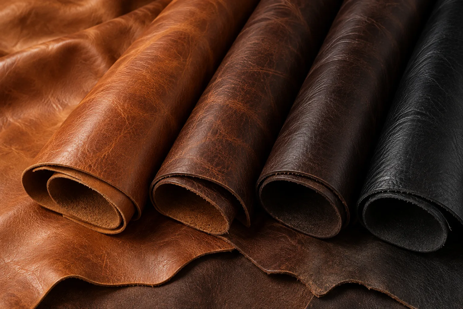 Rolled genuine leather hides in tan, brown, dark brown and black