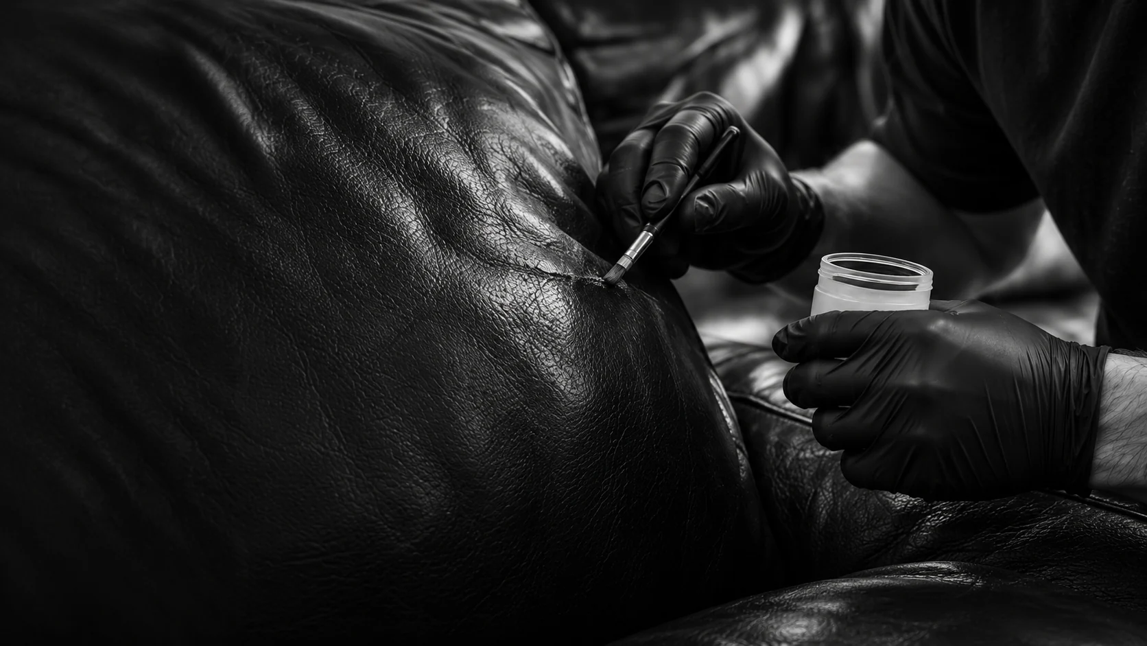 Gloved hands applying finish to a black leather sofa after a free leather repair estimate in New York