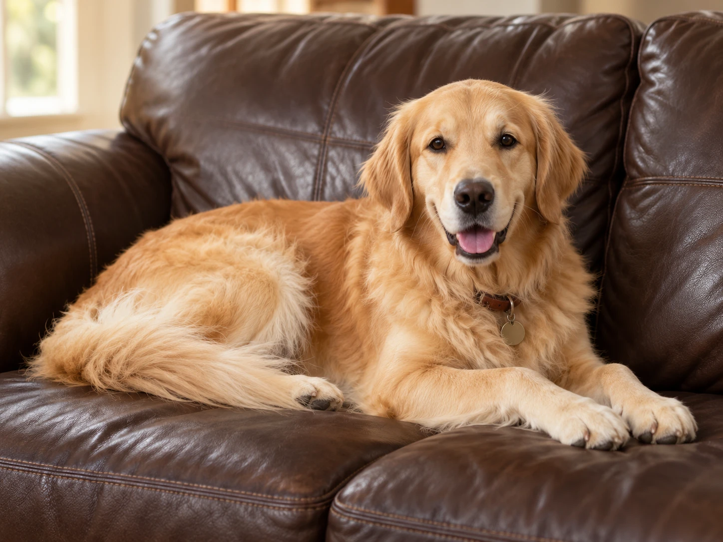 Leather sofa repair Jersey City: a dog lying on the seat of a brown leather sofa