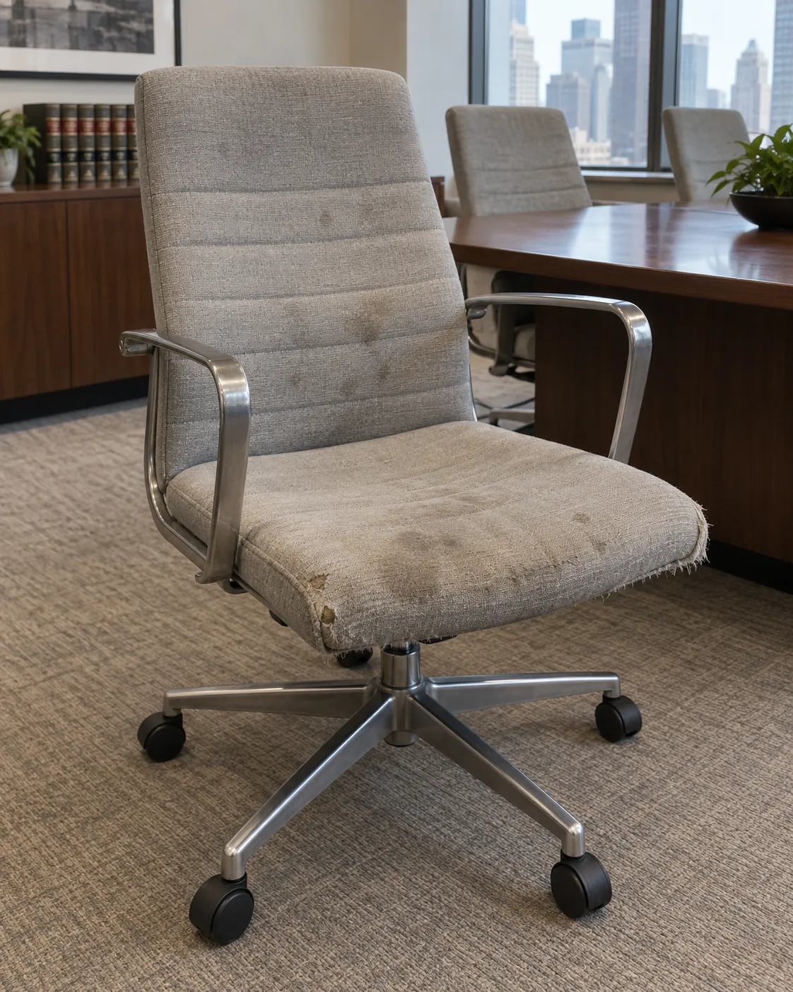 Stained gray fabric office chair, before
