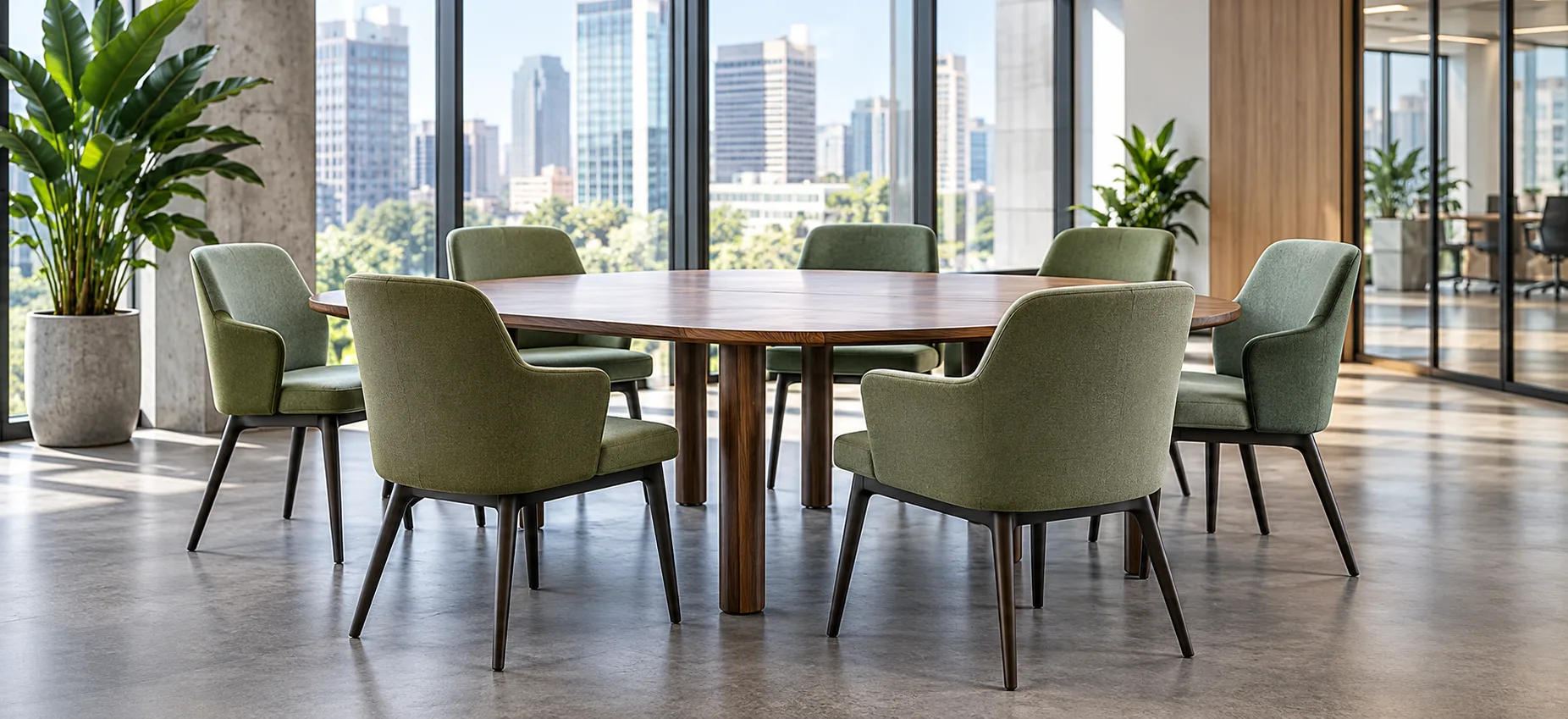 Green fabric meeting chairs around a round table