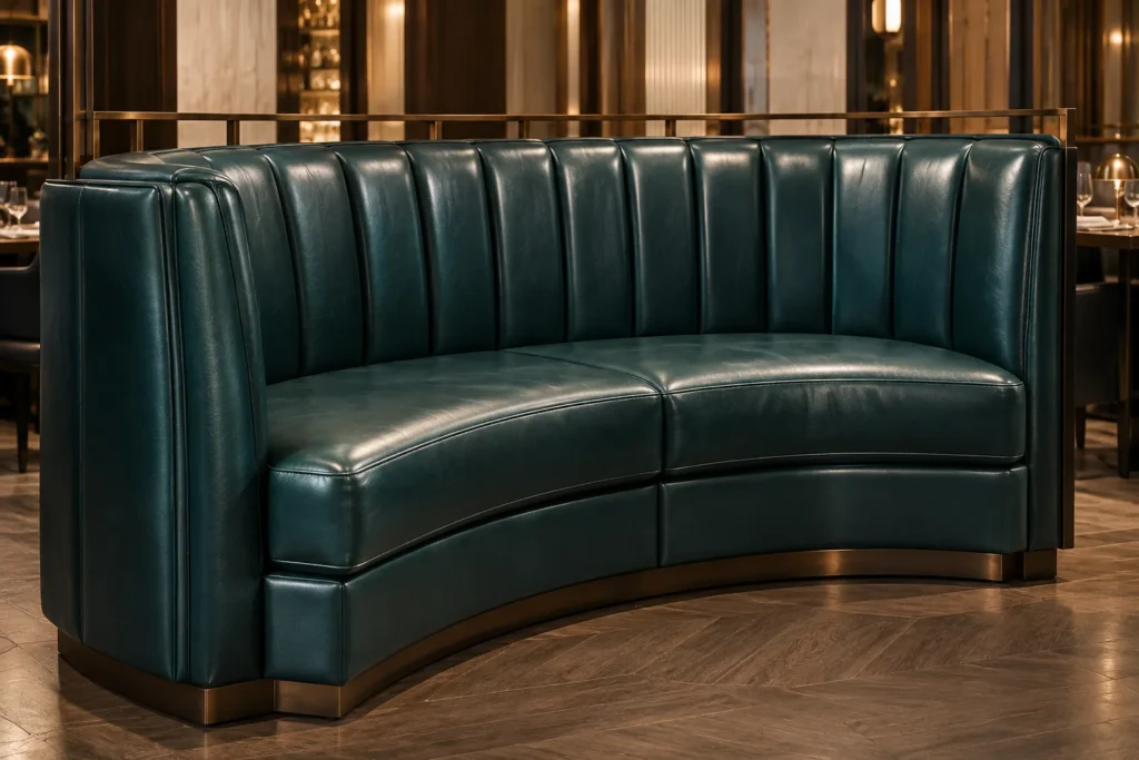 Upholstery for interior designers Chicago: a curved teal leather channel-back banquette