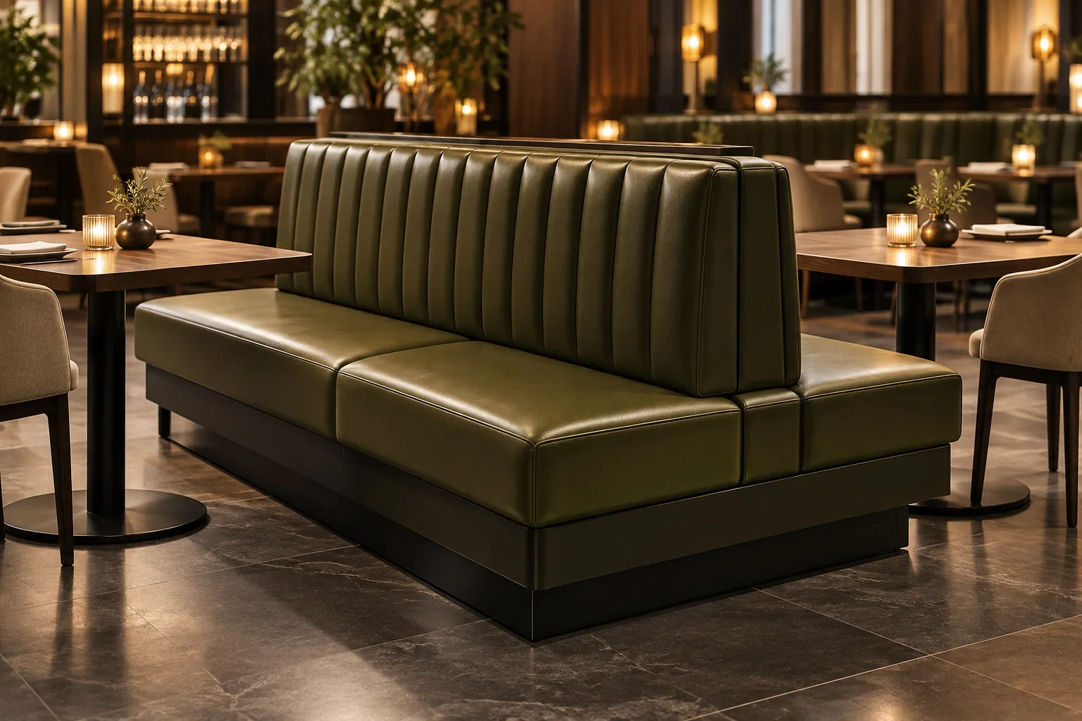 Green leather freestanding double-sided banquette