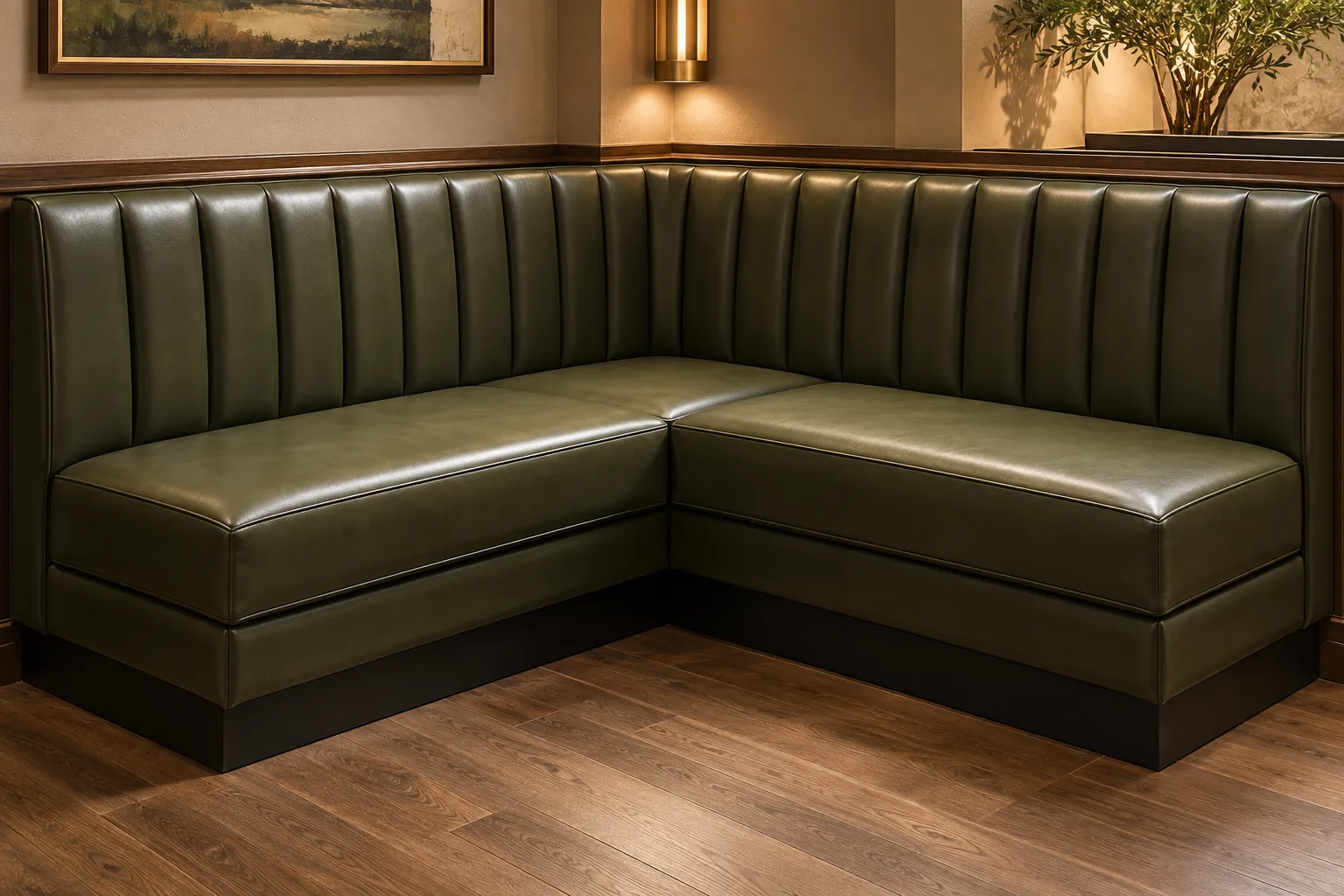Green leather L-shaped corner banquette
