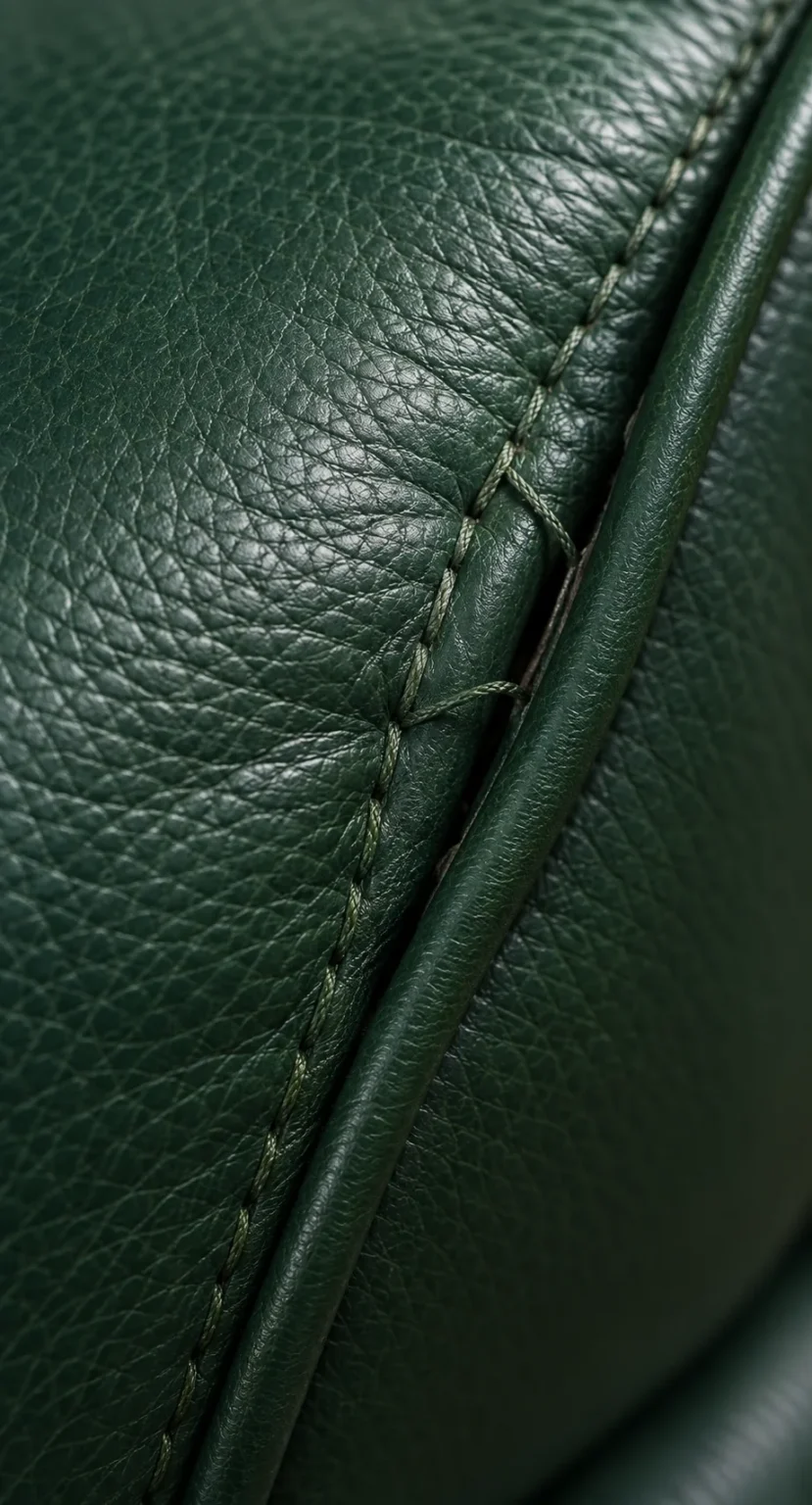 Green leather piping coming loose along a seam