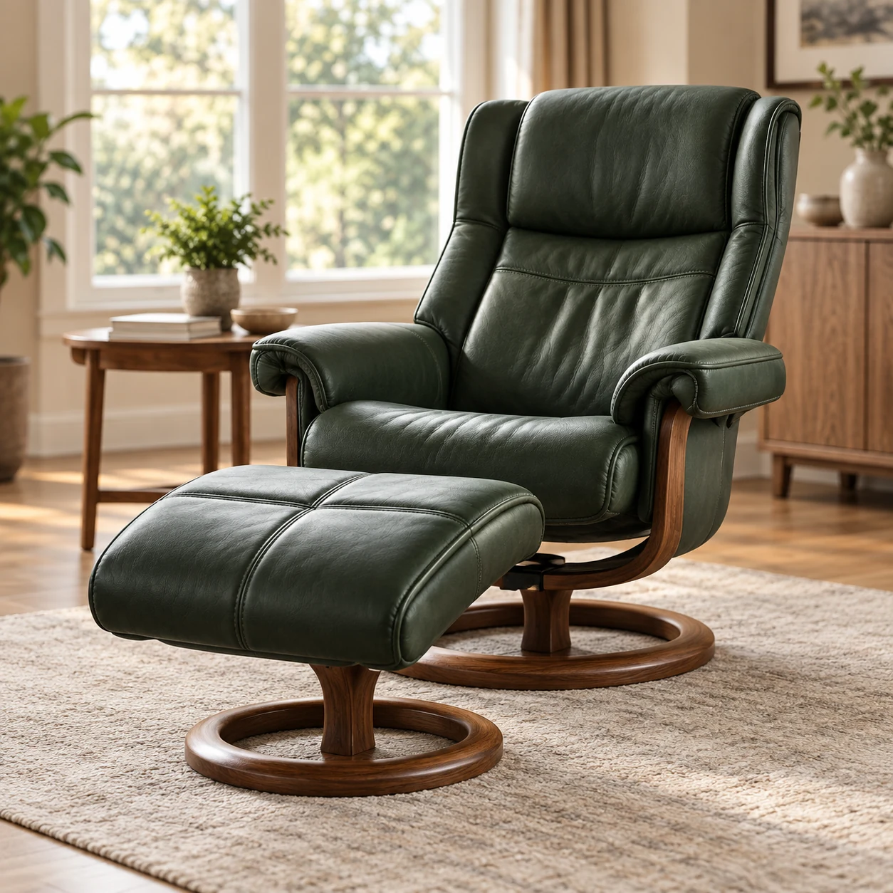Green leather reclining chair with a matching wood-base ottoman