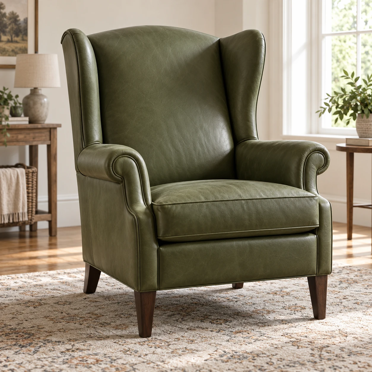 A green leather wingback chair with scrolled arms and tapered wooden legs