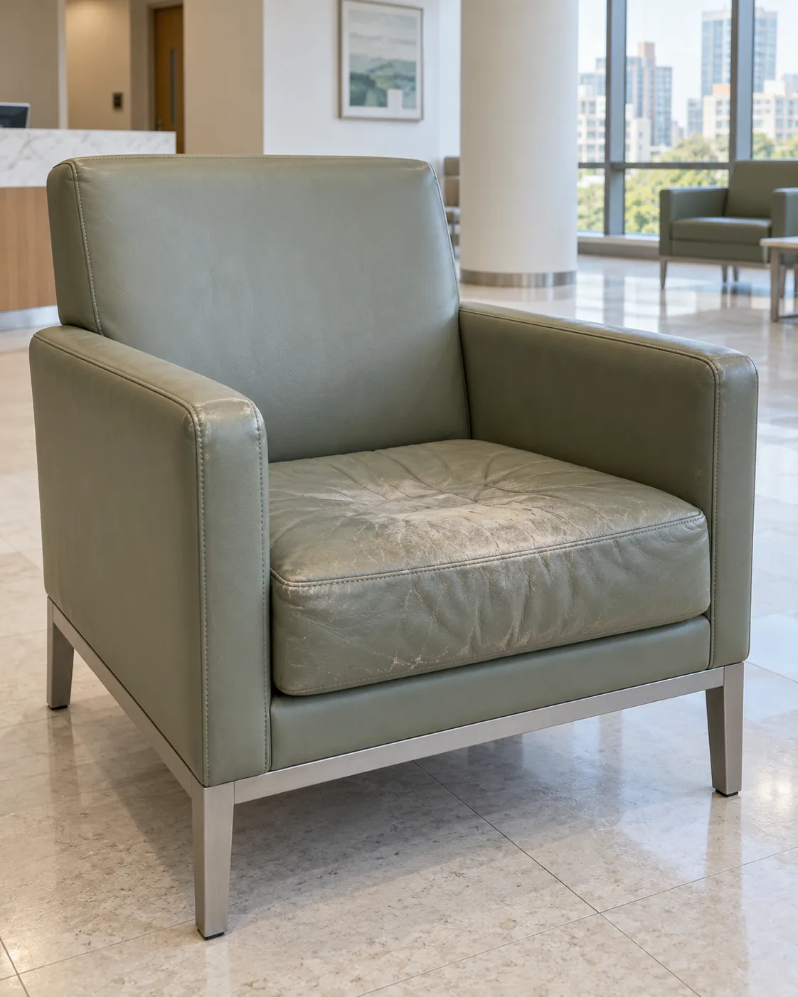 A sage lounge chair with a worn, cracked seat cushion before restoration