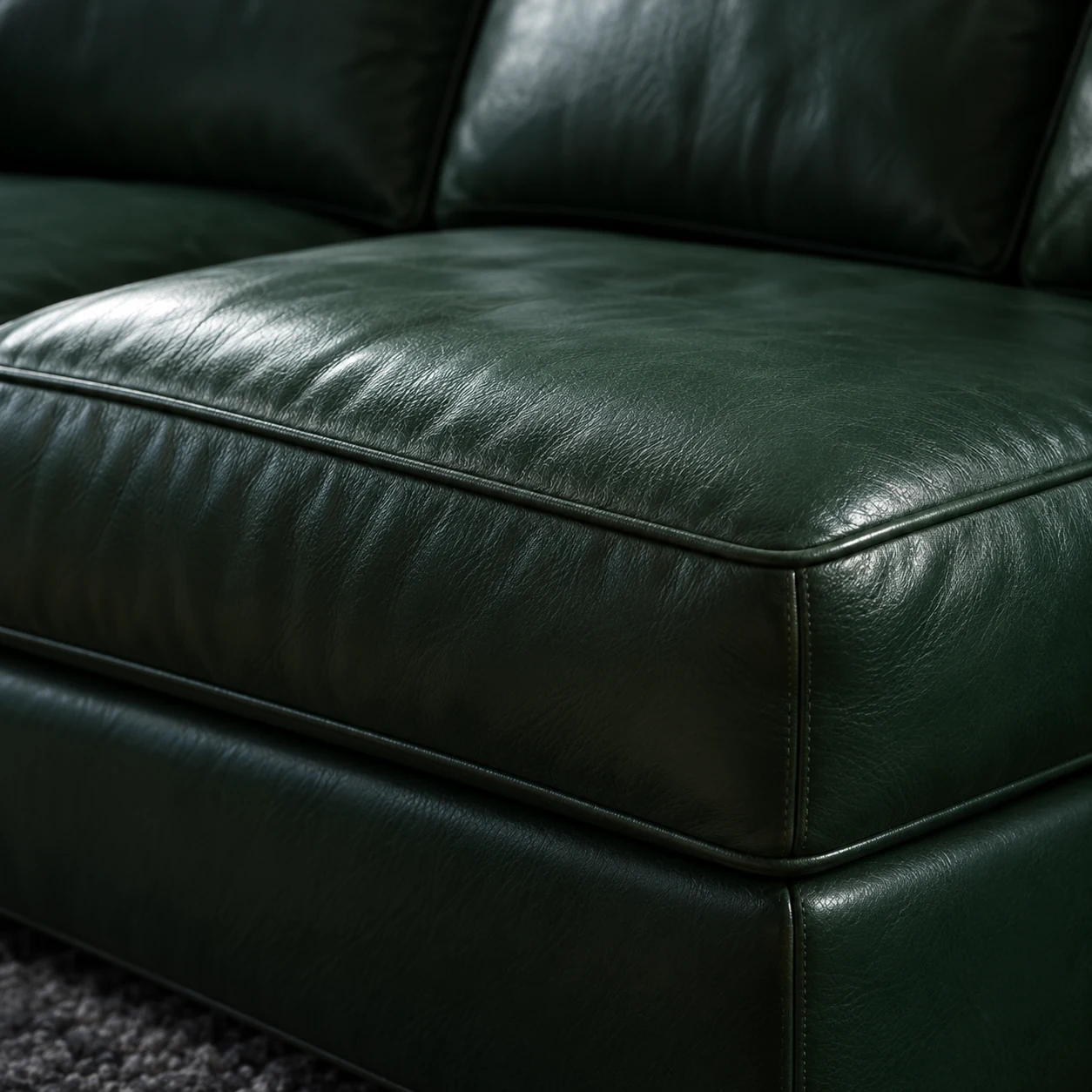 Green pigmented leather seat cushion on a reupholstered sectional