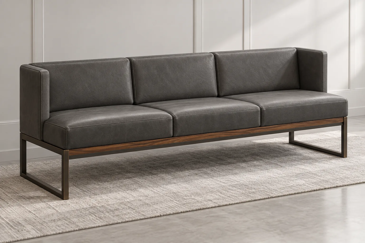 Grey leather waiting bench divided into three seats with a low back