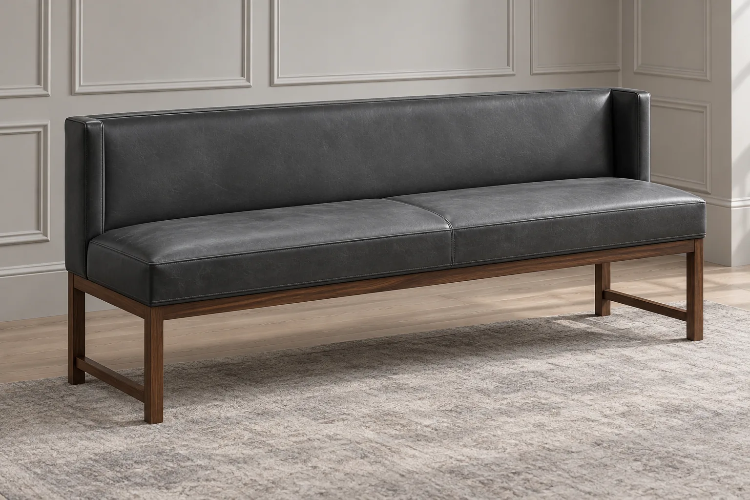 Grey leather banquette bench with a low back on a wooden frame