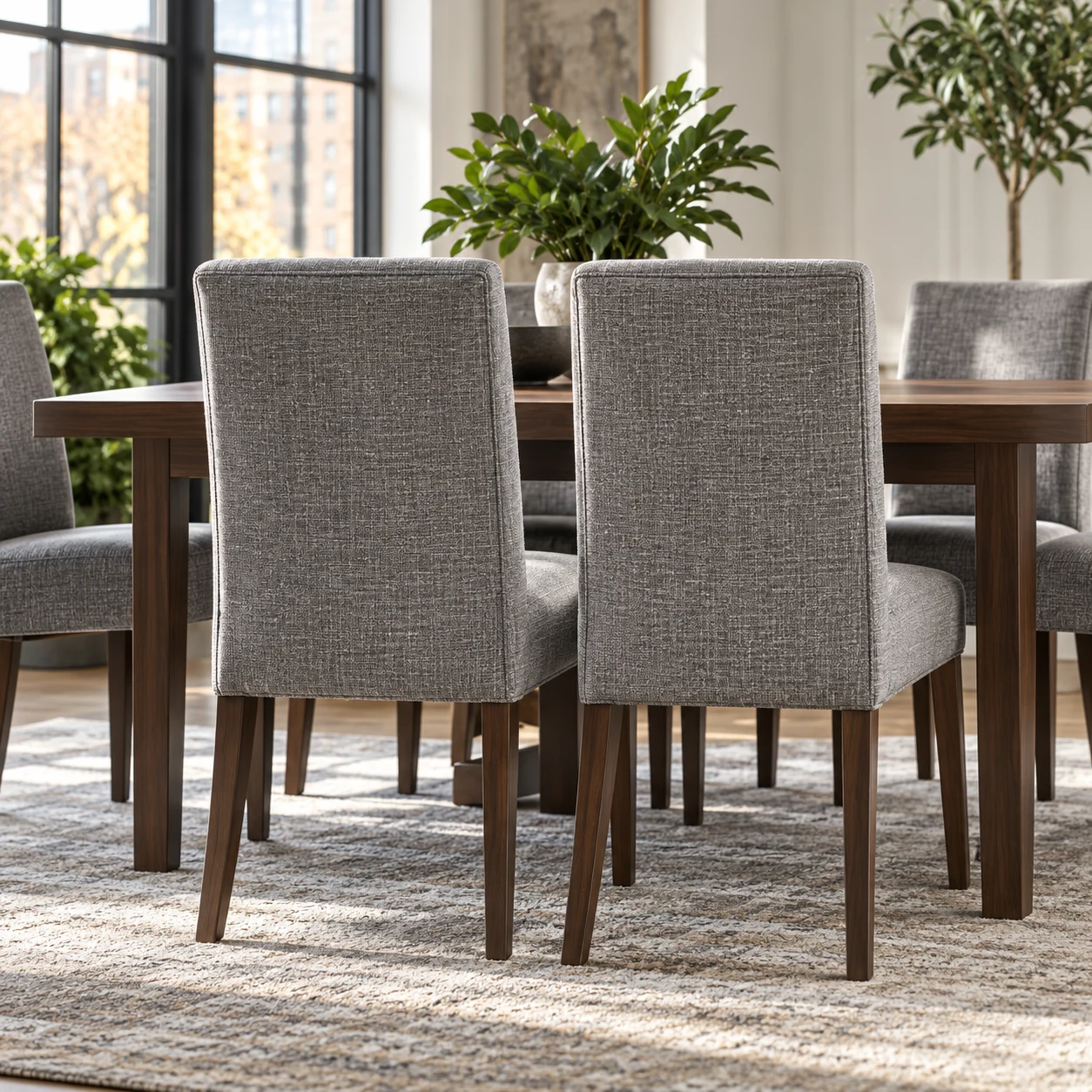 Grey linen dining chairs seen from behind around a walnut table by tall windows