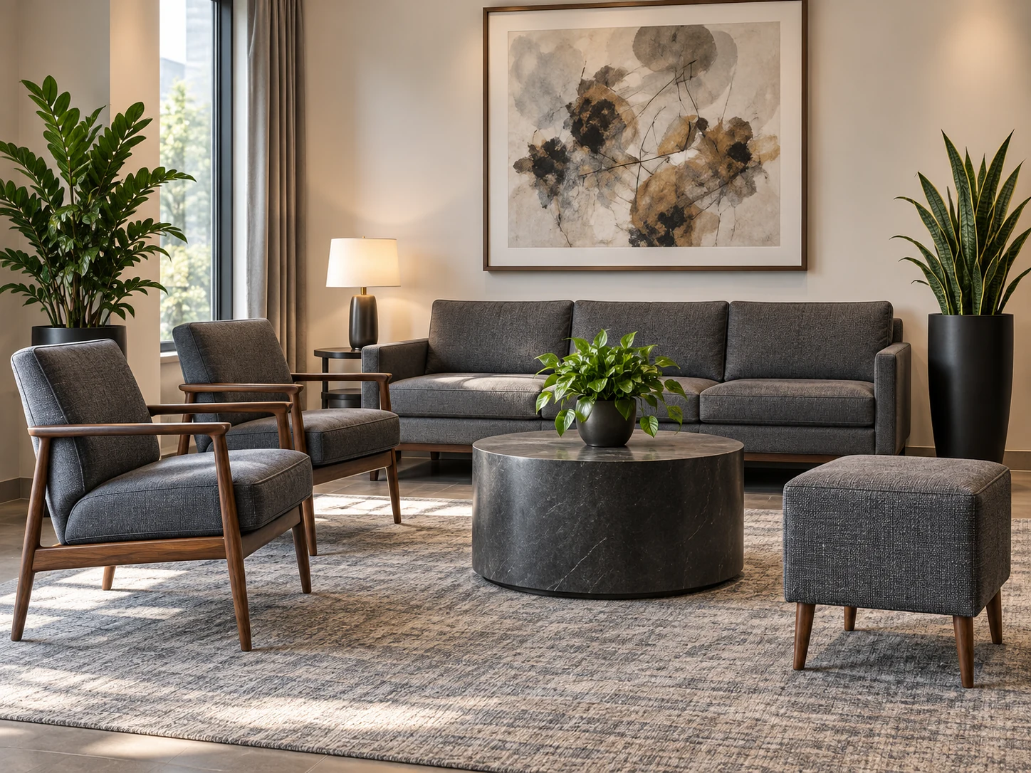 Gray lounge group of sofa, chairs and ottoman