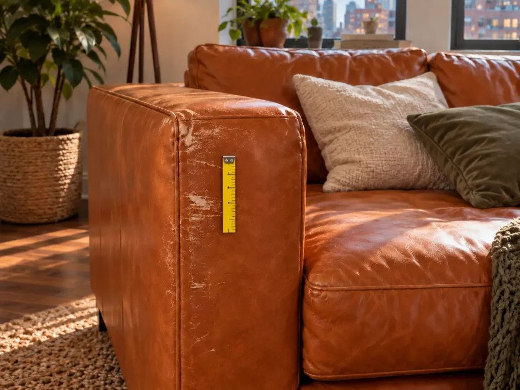 Scuffed leather sofa arm photographed next to a ruler for a claim