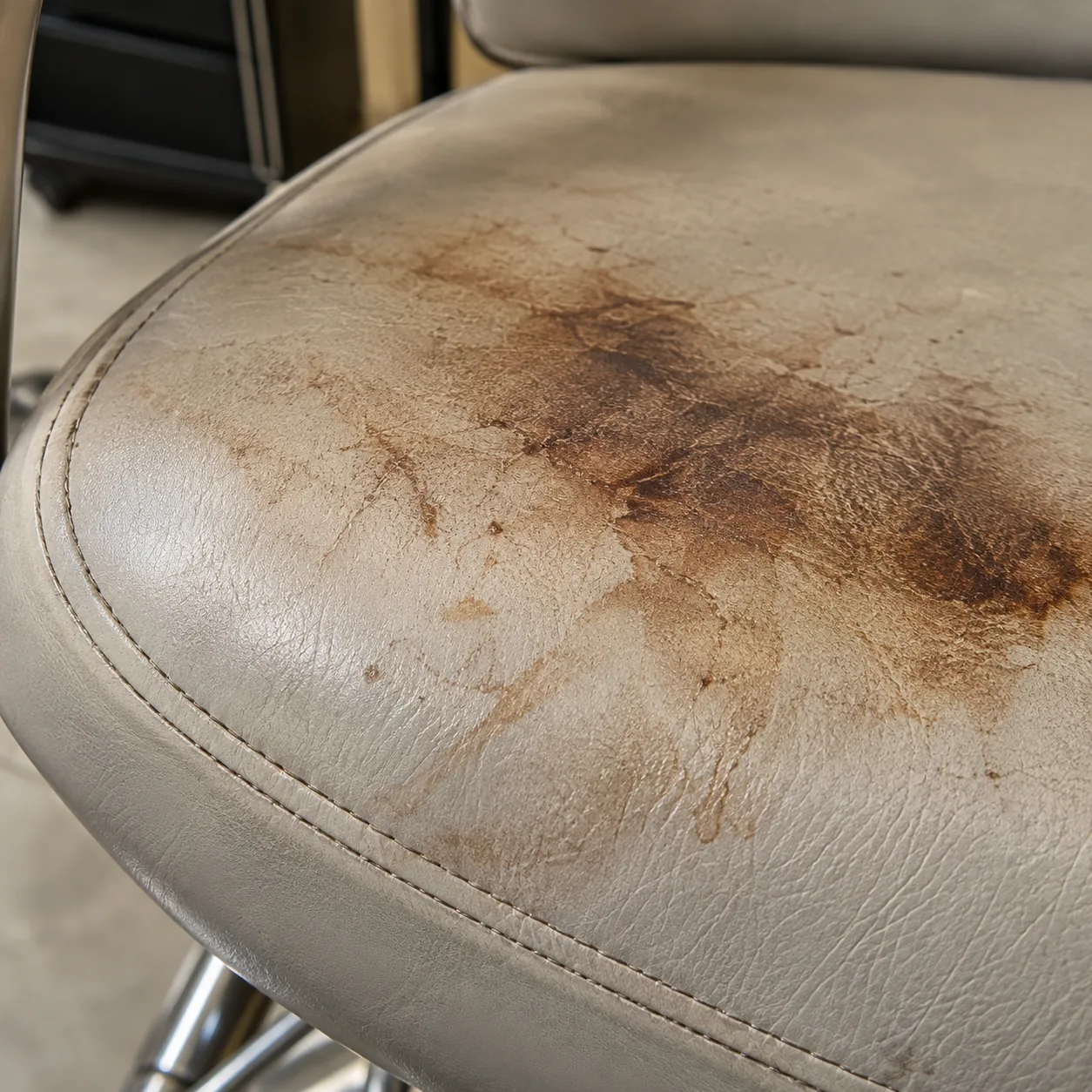 Hair colour staining on salon chair vinyl