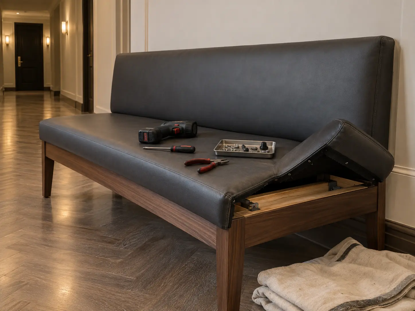 Bench with its seat opened for repair in a hallway