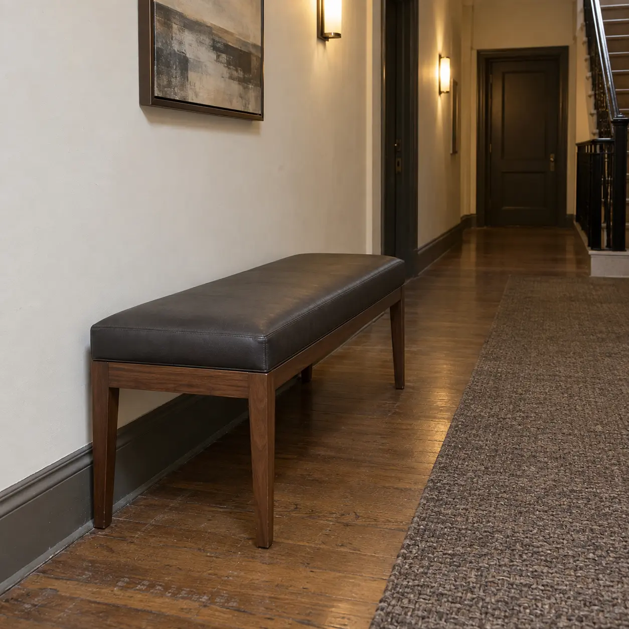 An upholstered hallway bench