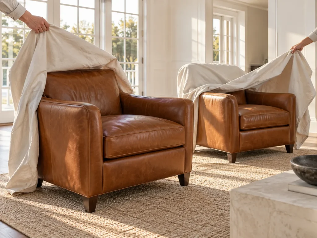 Dust sheets lifted off leather armchairs in a bright second home