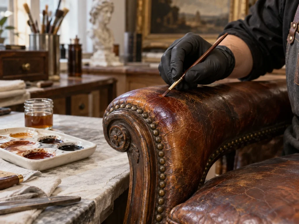 Brush adding color by hand to an antique leather arm