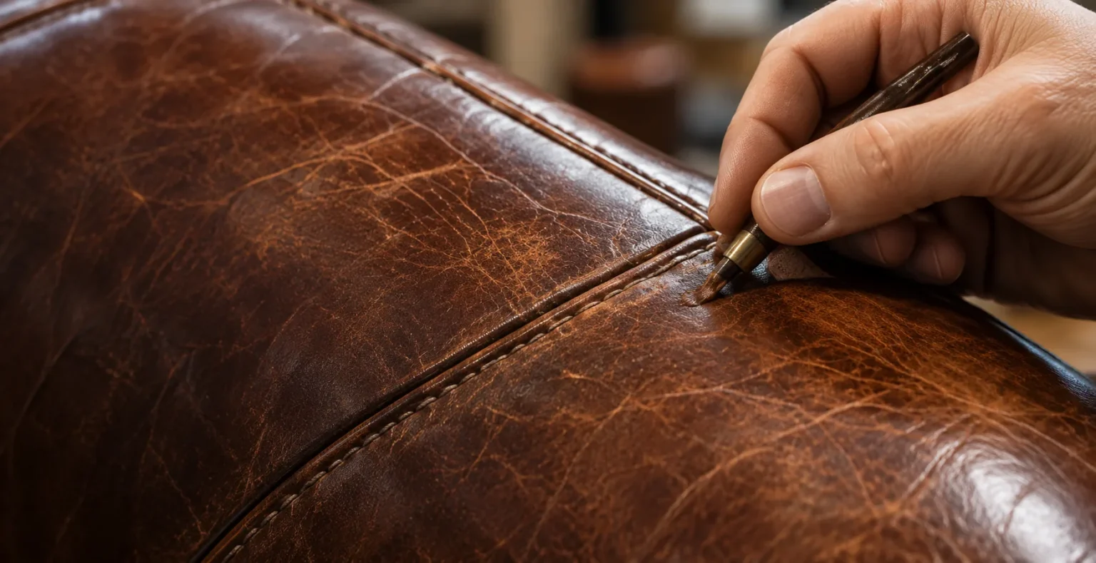 Hand restoring the finish on a worn antique leather seat