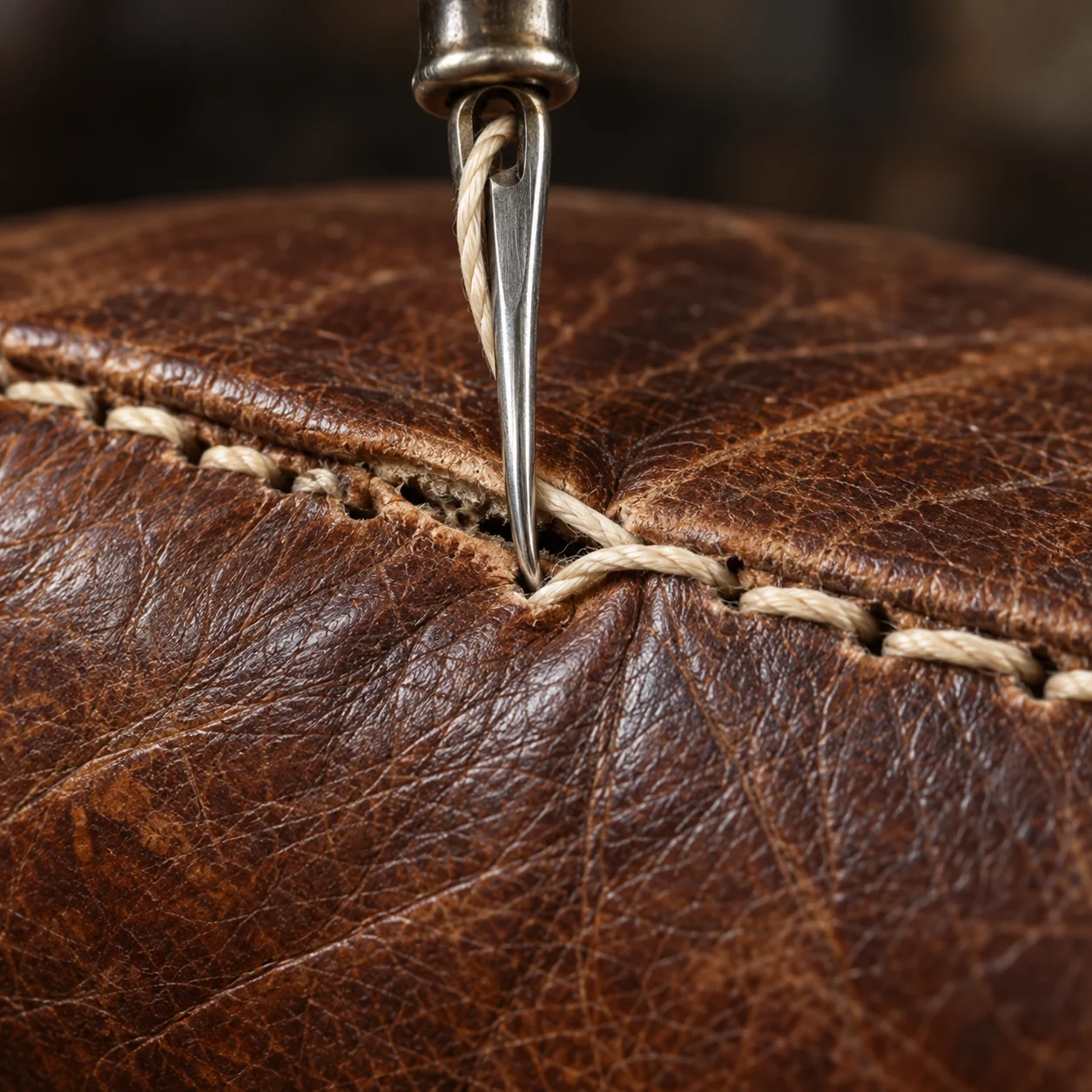 Needle and waxed thread closing an old seam