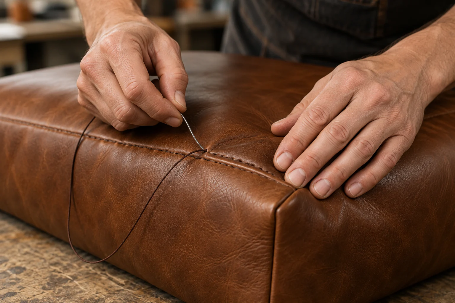 Two hands hand-stitching a seam across the top of a brown leather ottoman with a curved needle