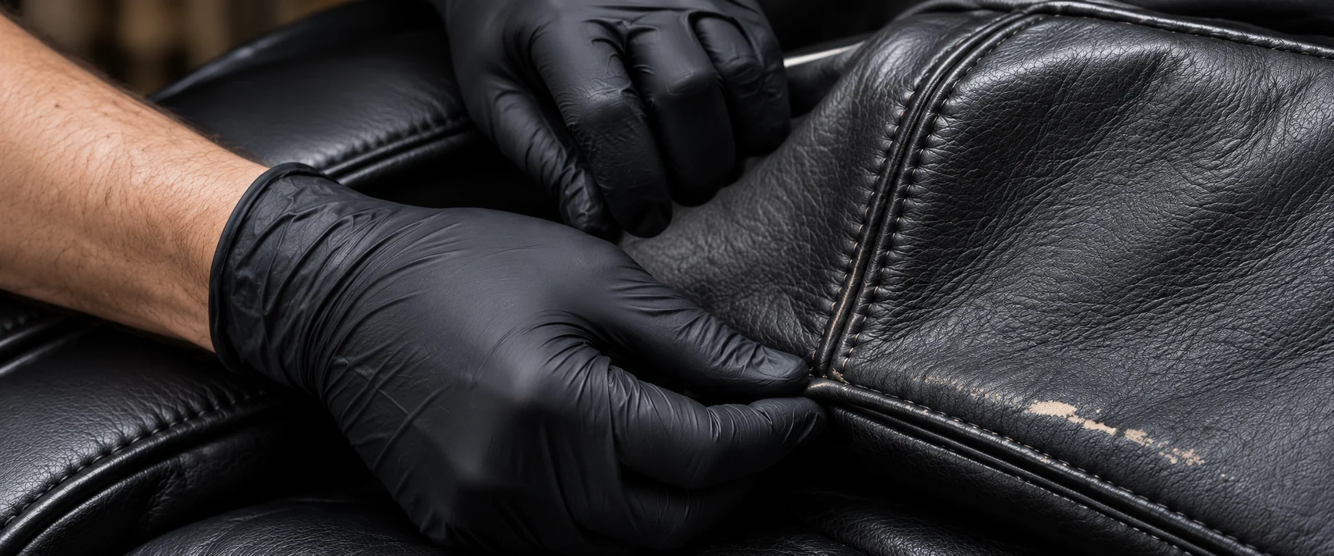 Gloved hands easing open a worn seam on the black leather panel of a massage chair