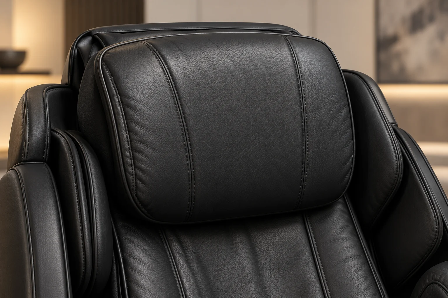 The black leather headrest pillow of a massage chair, clean and undamaged