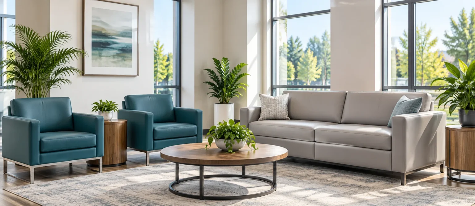 Waiting area with teal armchairs and a grey sofa