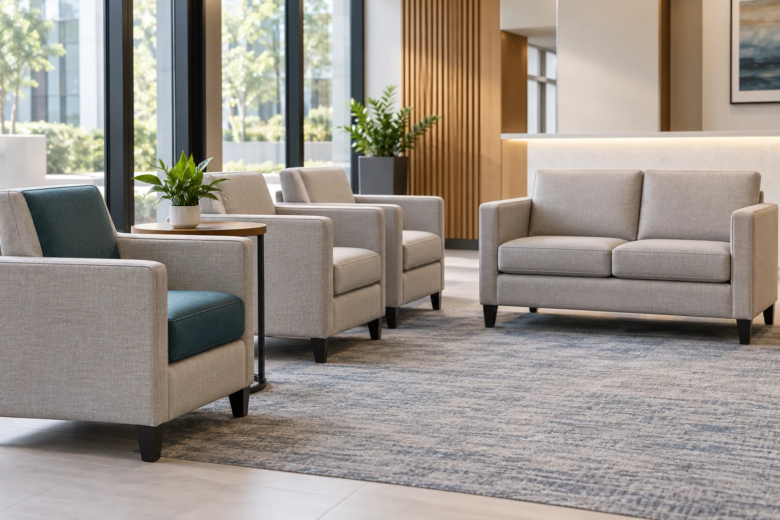 Clinic waiting area with upholstered chairs