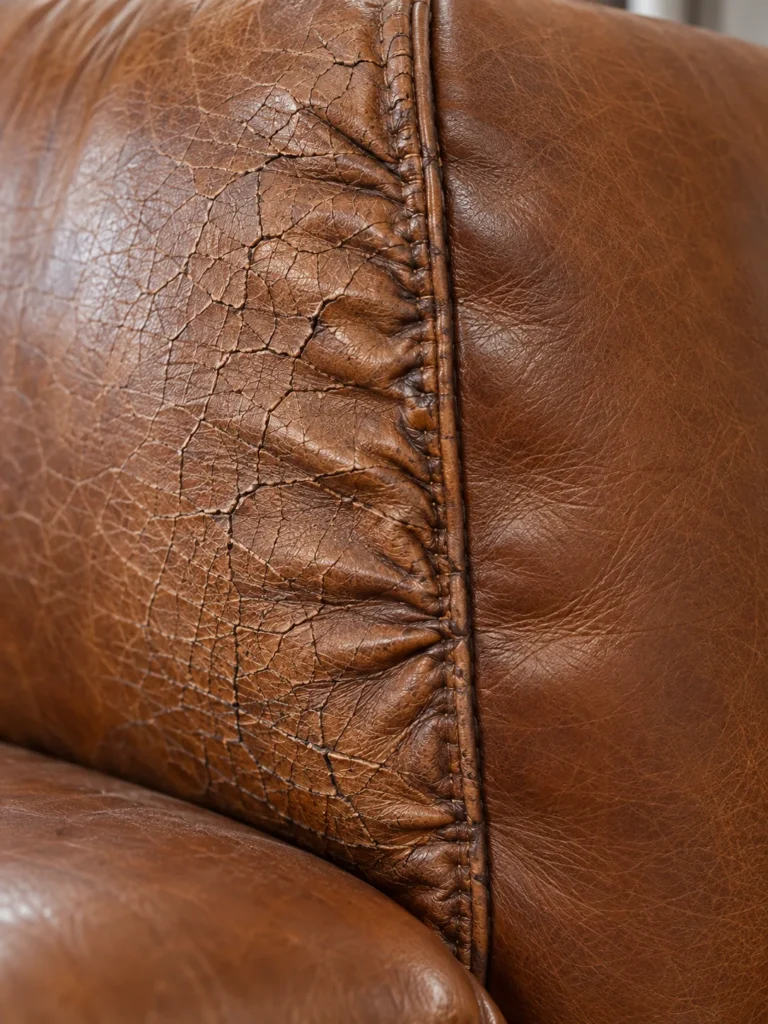 Brown leather cracked and shrunk by heat near a seam