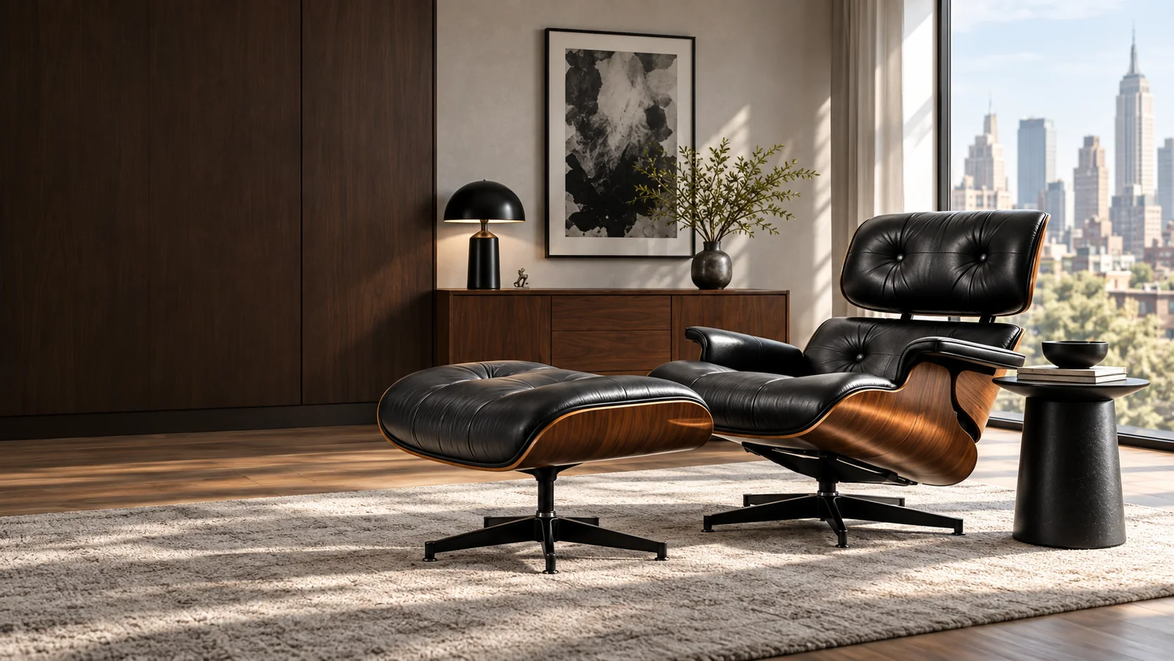 Brown leather lounge chair and ottoman in a New York apartment