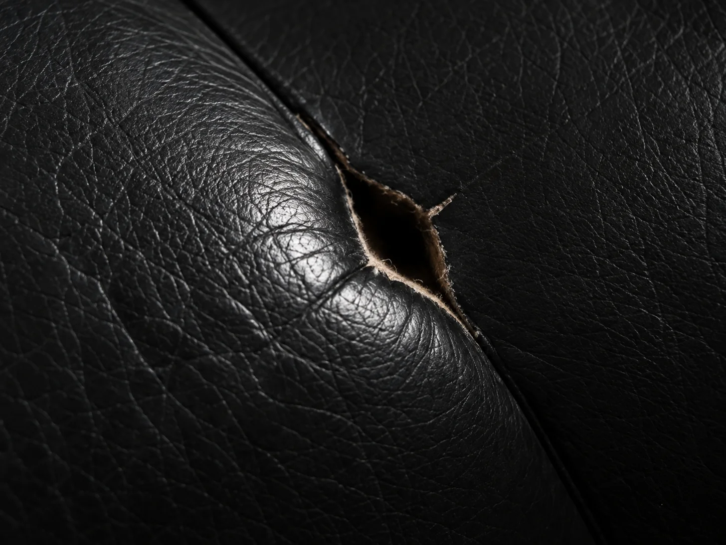 A tear opening along the seam of black Herman Miller leather