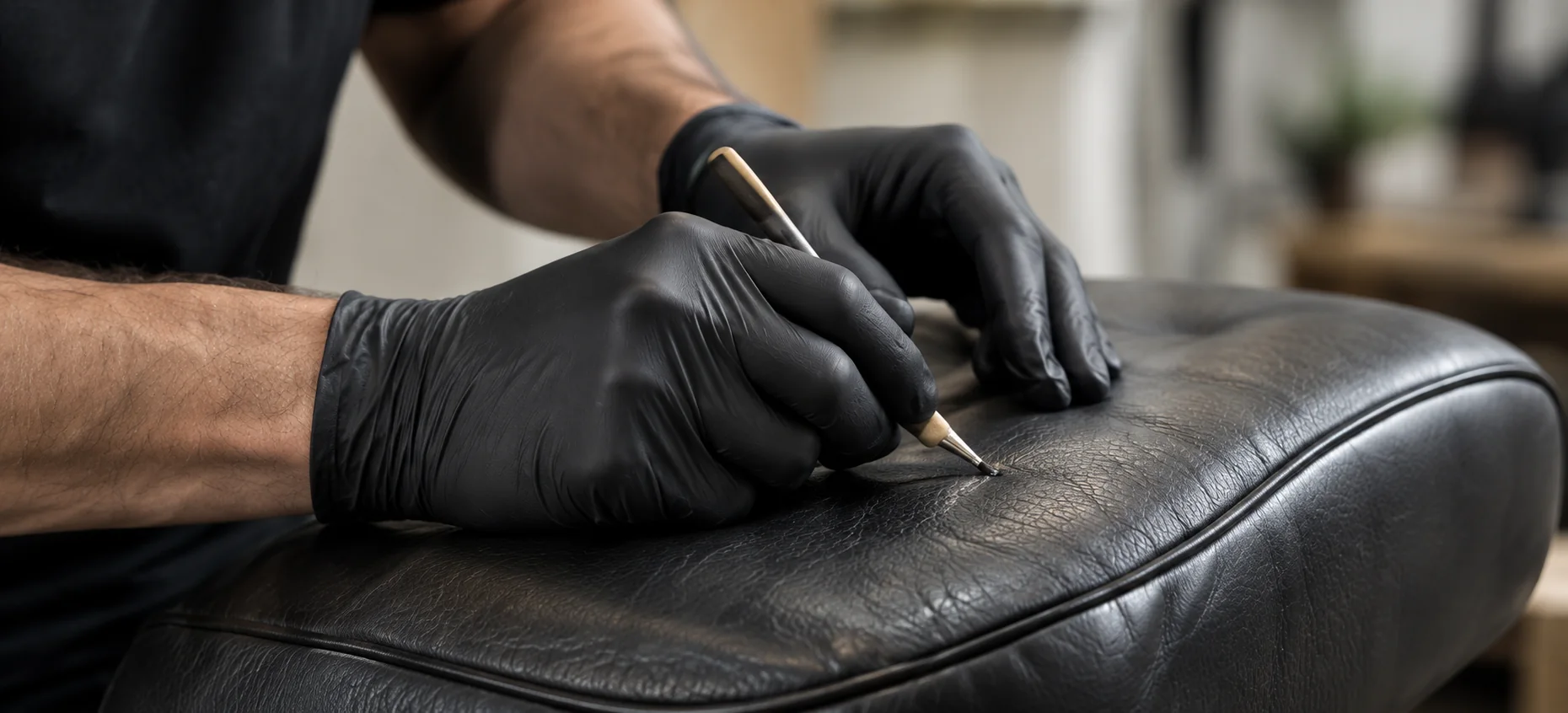 A technician carrying out localized Eames leather chair repair on a black cushion