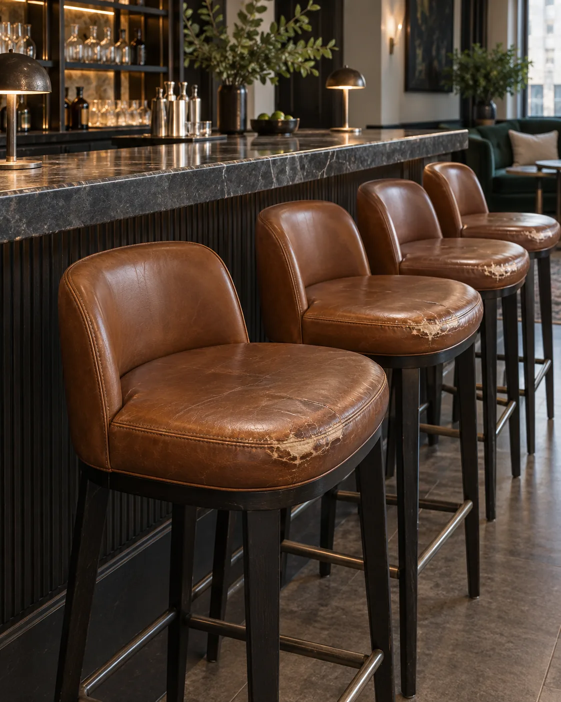 A row of bar stools with worn seats