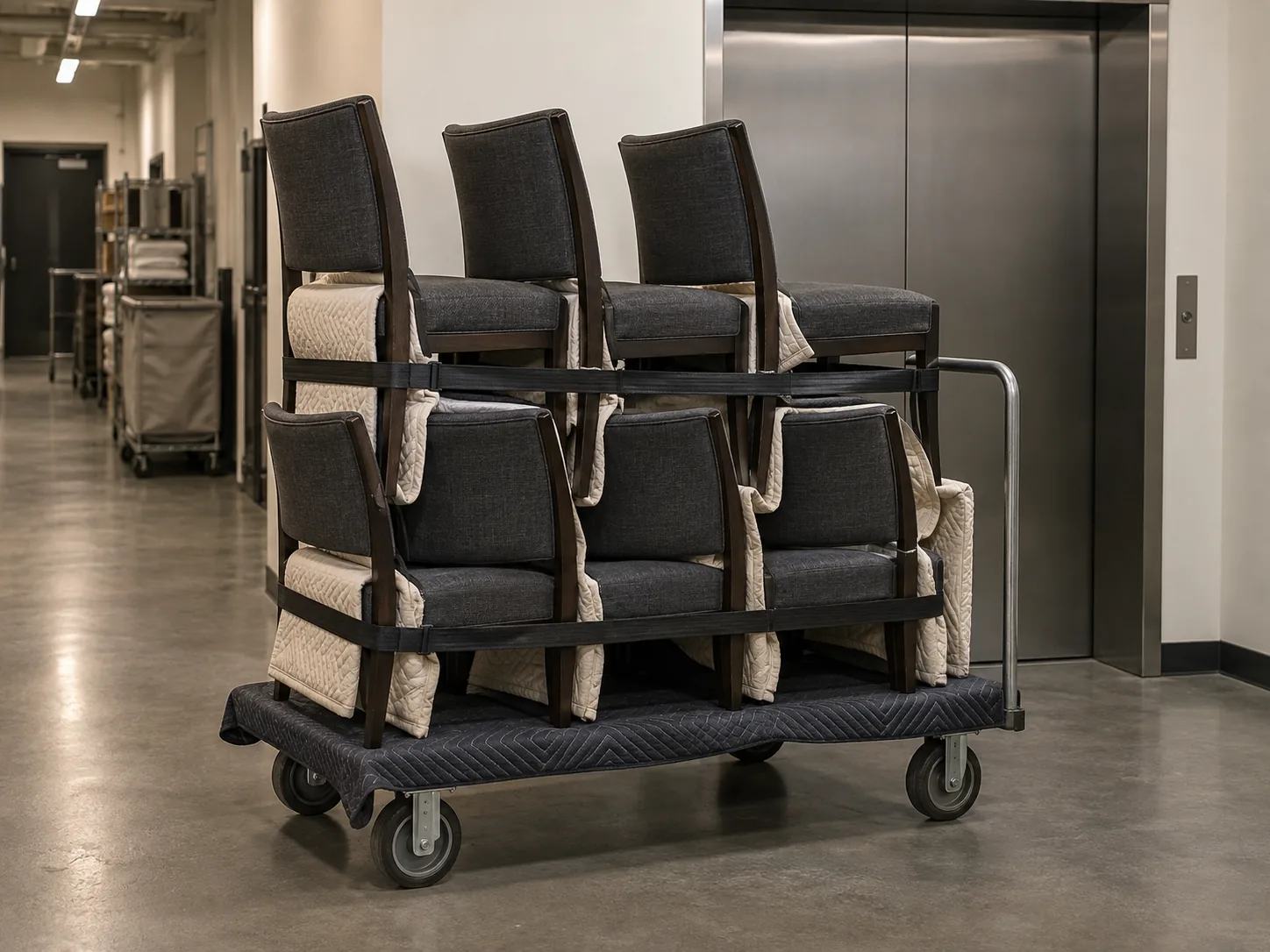 Hotel dining chairs staged on a service cart by the freight elevator