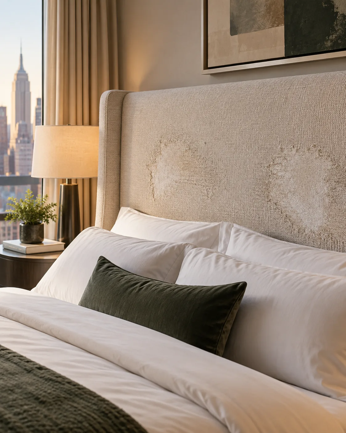 Guest room headboard: headboard fabric rubbed bare where pillows sit every night