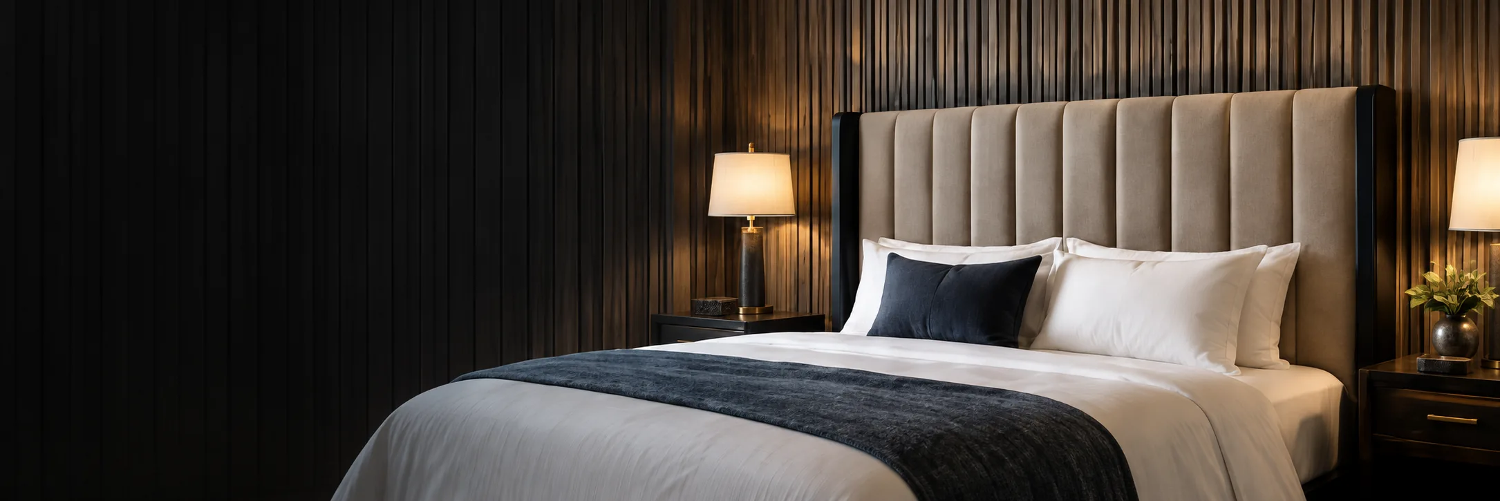 Taupe channel-tufted headboard against a timber slat wall in a darkened bedroom