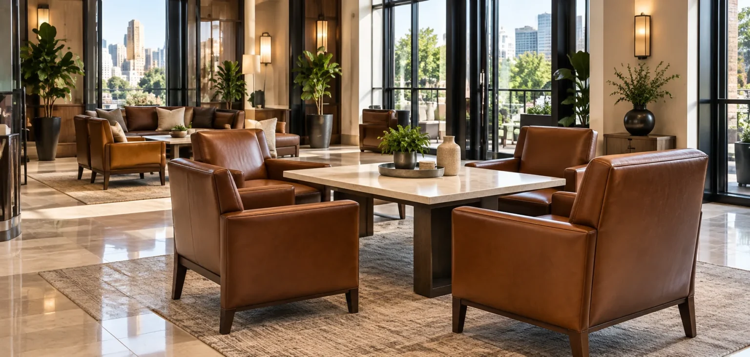 Hotel lounge with cognac leather chairs around tables