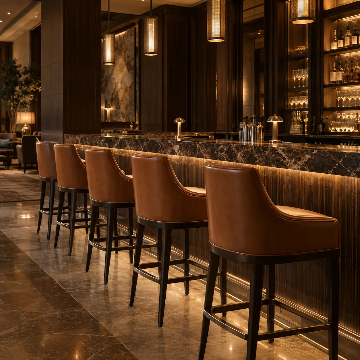 Leather bar stools at a hotel lobby bar