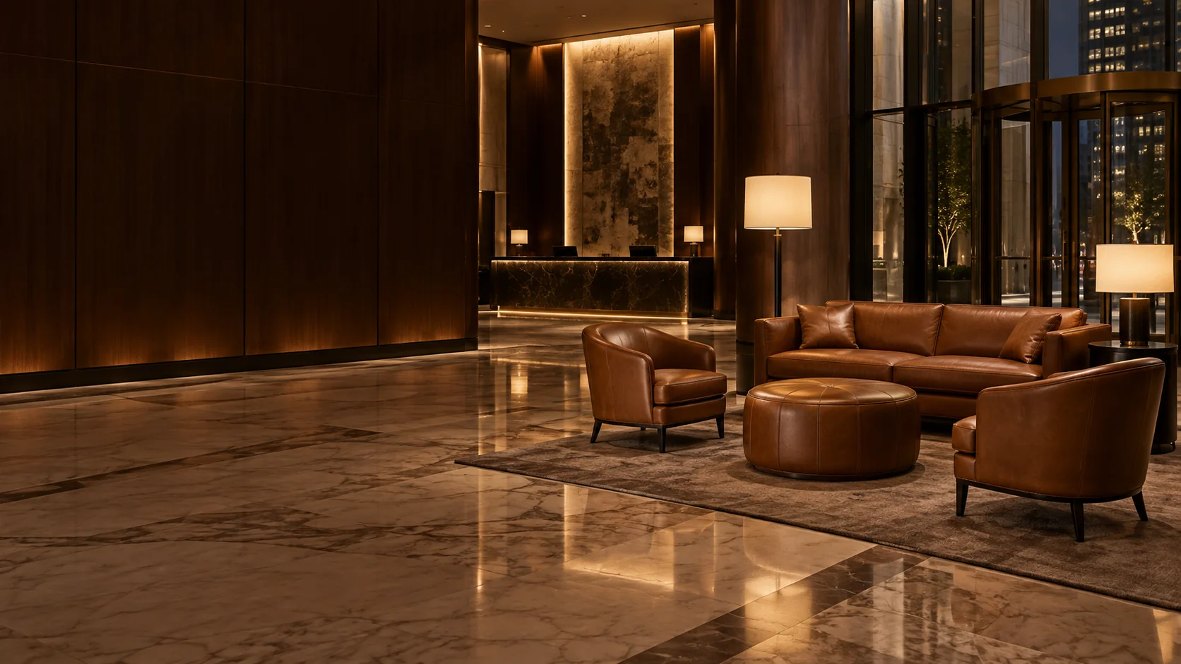A hotel lobby in the evening with leather seating ready for guests