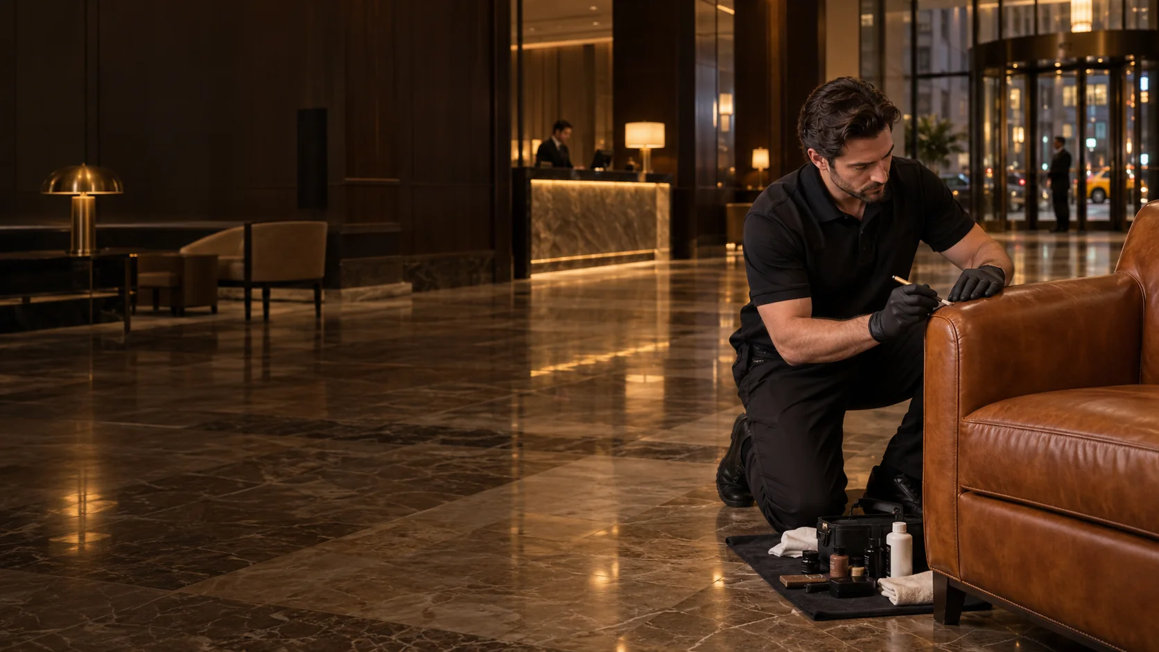 Hotel lobby furniture repair NYC: a technician repairing a leather lounge chair in an open hotel lobby