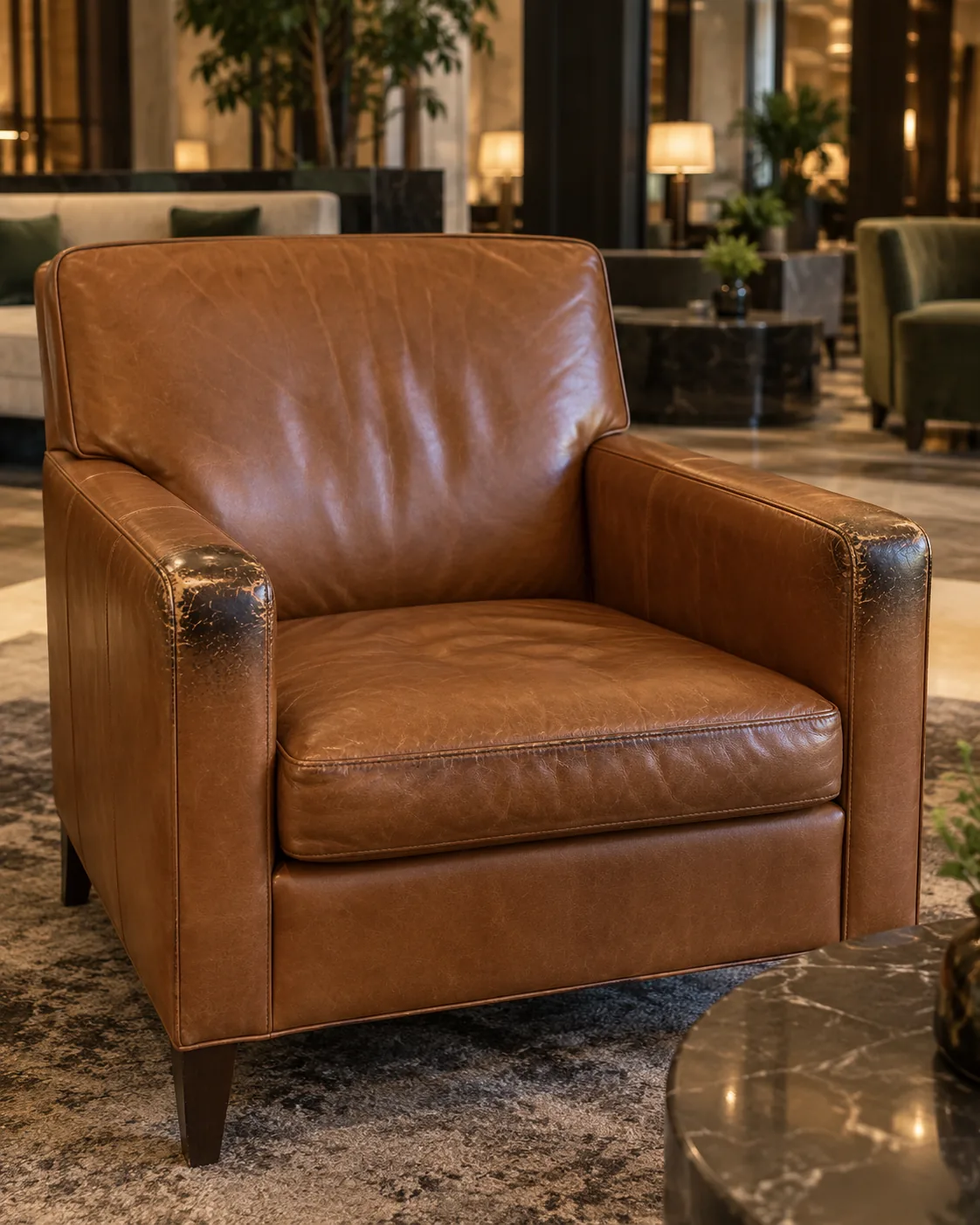 Lobby lounge chair: arm fronts and seat edges go first on lobby chairs