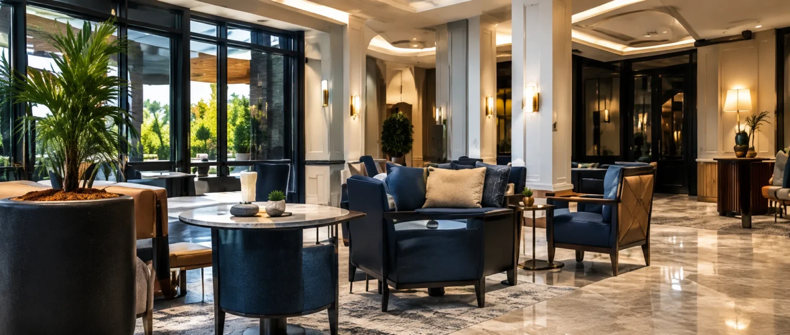 Hotel lounge with navy and tan seating on marble floors