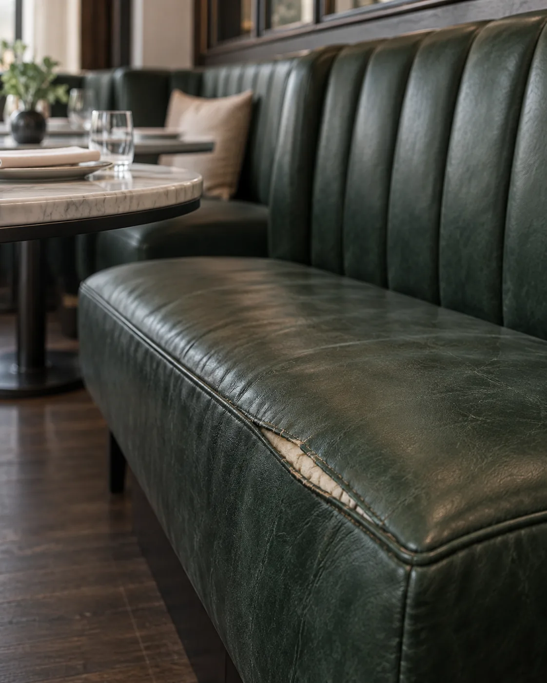 Restaurant banquette: seat fronts split where guests slide in and out