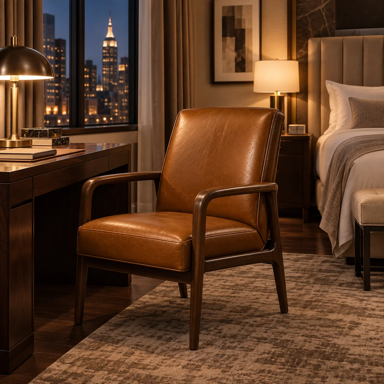 A leather desk chair at the desk of a hotel guest room