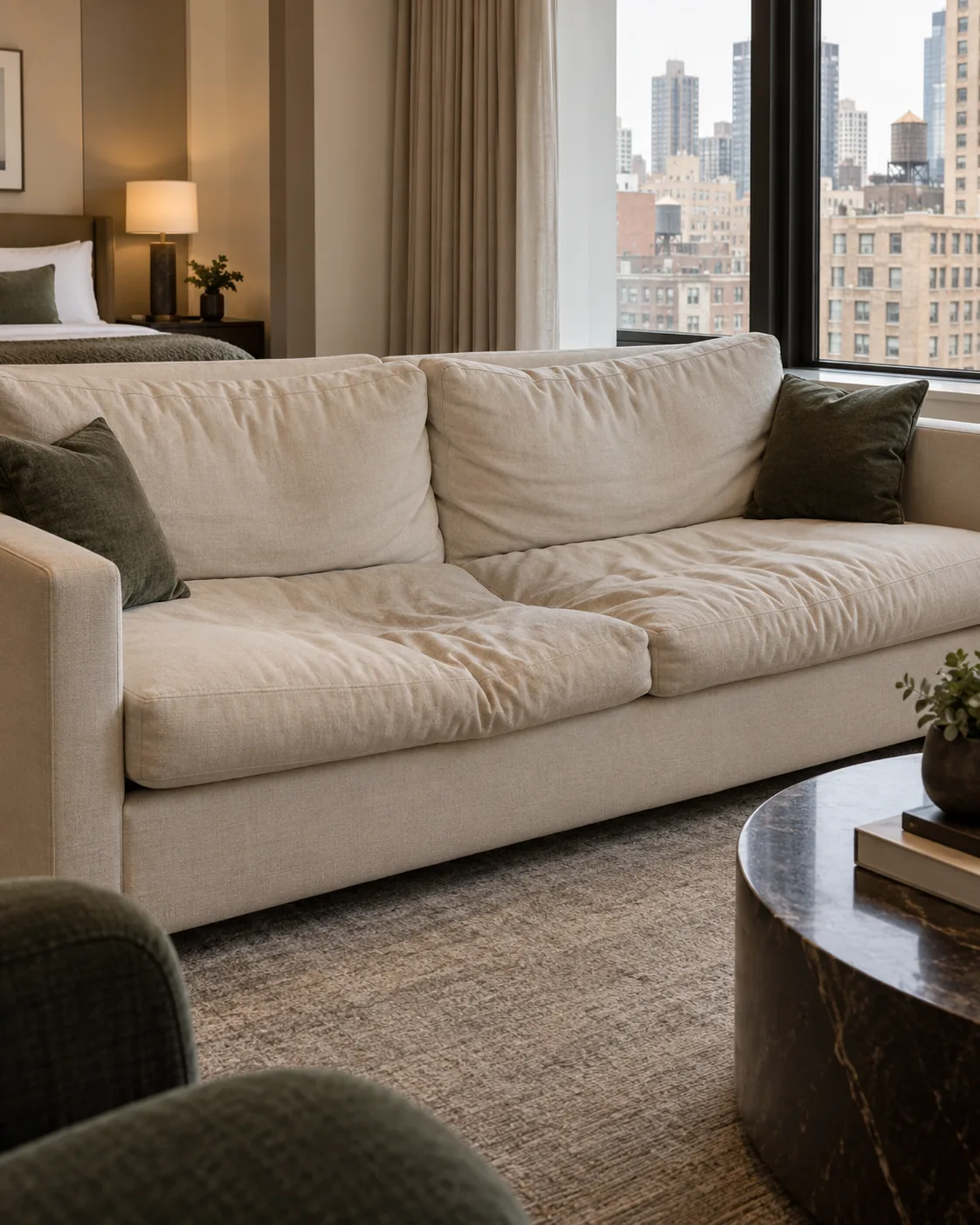 Suite sofa: cushions sag and covers bag on suite sofas