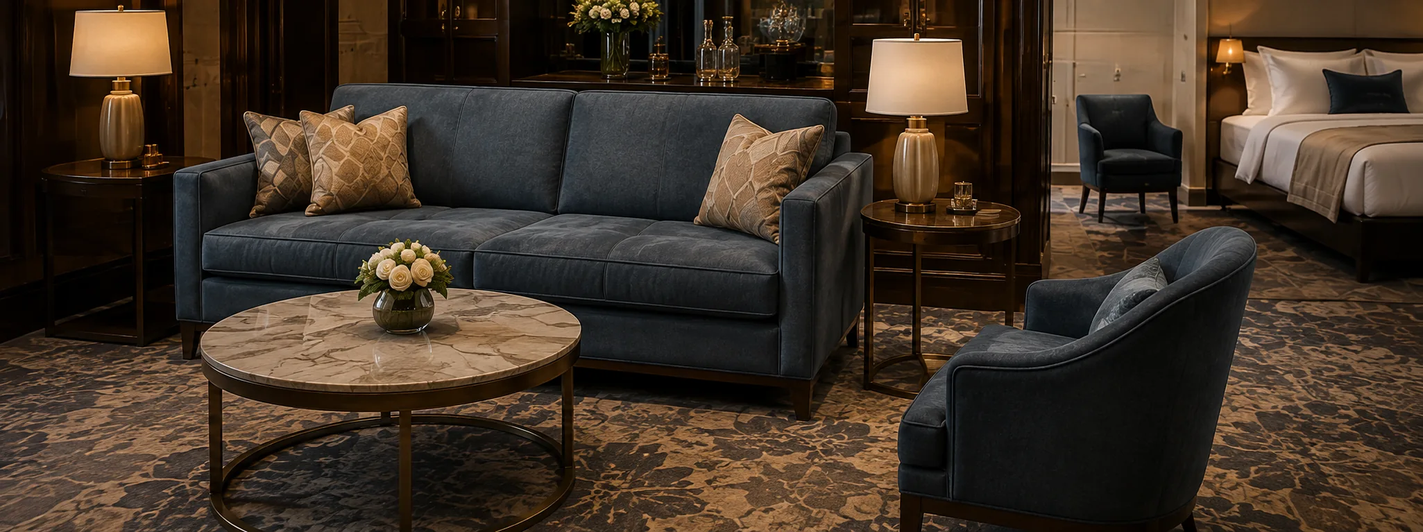 Hotel furniture repair in a suite seating group with a navy sofa and armchairs