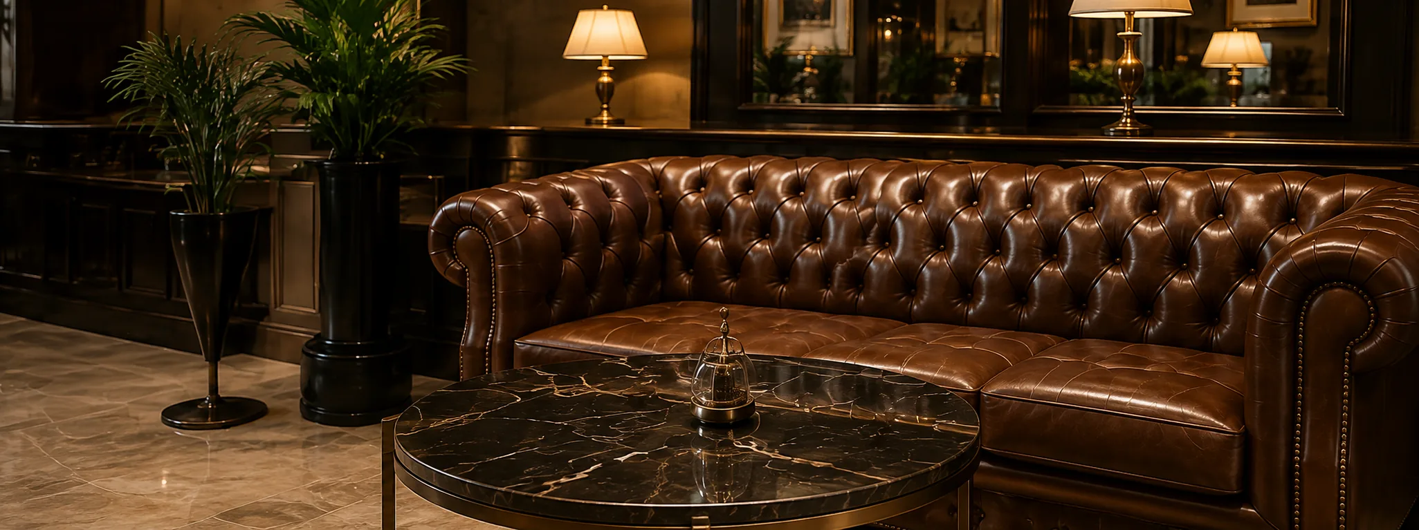 Hotel furniture restoration on a brown tufted leather chesterfield lounge sofa