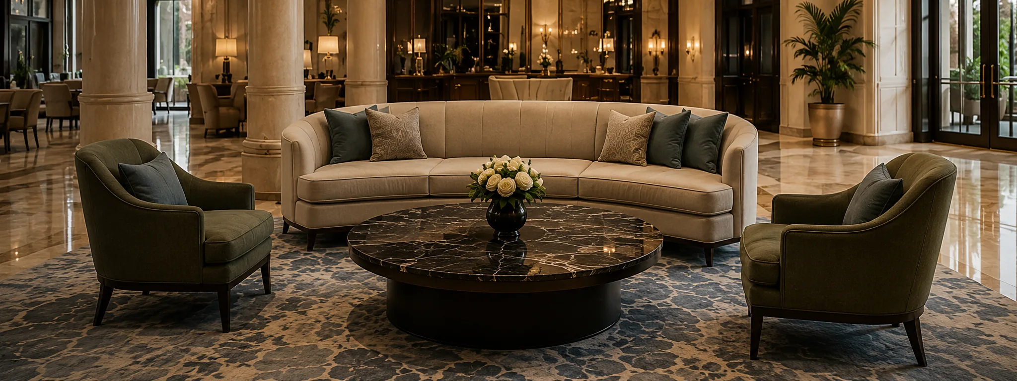 Curved cream hotel lobby sofa and olive armchairs reupholstered in new material